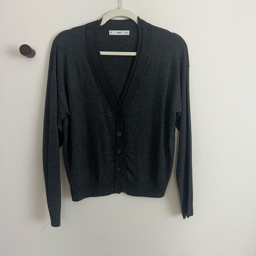 Mango Dark Charcoal V-Neck Double Layer Edge Button-Up Cardigan